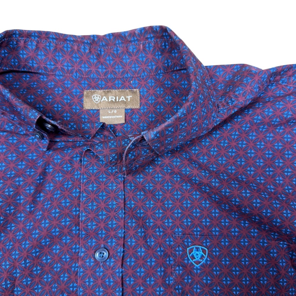 Ariat Mens Large Navy Burgundy Geometric Print Long Sleeve Western Button Shirt